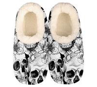 TropicalLife Day Of The Dead Skull Floral Slipper Socks, Sugar Skull Flower Memory Foam Slippers for Women Men Indoor Cozy Non Slip Plush House Shoes with Grippers Size 8-9