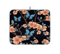 TropicalLife Highly Absorbent Dish Drying Mat, Non-Slip Kitchen Counter Drying Pad with Blue Butterflies Peach Flowers Pattern Design, 16x18 Inch