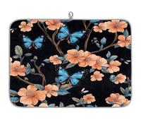 TropicalLife Highly Absorbent Dish Drying Mat, Non-Slip Kitchen Counter Drying Pad with Blue Butterflies Peach Flowers Pattern Design, 18x24 Inch