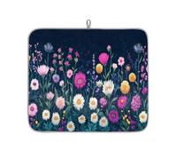 TropicalLife Highly Absorbent Dish Drying Mat, Non-Slip Kitchen Counter Drying Pad with Colorful Flowers Dark Blue Pattern Design, 16x18 Inch