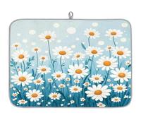 TropicalLife Highly Absorbent Dish Drying Mat, Non-Slip Kitchen Counter Drying Pad with Daisy Field Flower Blue Design, 18x24 Inch