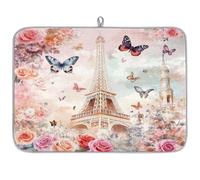 TropicalLife Highly Absorbent Dish Drying Mat, Non-Slip Kitchen Counter Drying Pad with Eiffel Tower Rose Flowers Butterflies Design, 18x24 Inch
