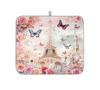 TropicalLife Highly Absorbent Dish Drying Mat, Non-Slip Kitchen Counter Drying Pad with Eiffel Tower Rose Flowers Butterflies Design, 16x18 Inch