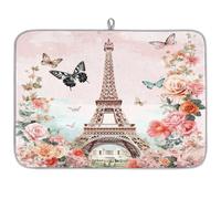 TropicalLife Highly Absorbent Dish Drying Mat, Non-Slip Kitchen Counter Drying Pad with Eiffel Tower Flowers Butterflies Design, 18x24 Inch