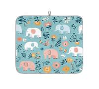 TropicalLife Highly Absorbent Dish Drying Mat, Non-Slip Kitchen Counter Drying Pad with Elephants Flowers Blue Background Design, 16x18 Inch