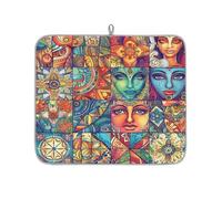 TropicalLife Highly Absorbent Dish Drying Mat, Non-Slip Kitchen Counter Drying Pad with Ethnic Mosaic Portraits Design, 16x18 Inch