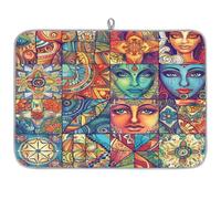 TropicalLife Highly Absorbent Dish Drying Mat, Non-Slip Kitchen Counter Drying Pad with Ethnic Mosaic Portraits Design, 18x24 Inch