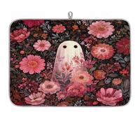 TropicalLife Highly Absorbent Dish Drying Mat, Non-Slip Kitchen Counter Drying Pad with Halloween Red Flowers Ghost Design, 18x24 Inch