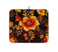TropicalLife Highly Absorbent Dish Drying Mat, Non-Slip Kitchen Counter Drying Pad with Orange Flowers Black Design, 16x18 Inch
