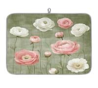 TropicalLife Highly Absorbent Dish Drying Mat, Non-Slip Kitchen Counter Drying Pad with Pink White Flowers Green Pattern Design, 18x24 Inch
