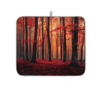 TropicalLife Highly Absorbent Dish Drying Mat, Non-Slip Kitchen Counter Drying Pad with Red Autumn Forest Mist Design, 16x18 Inch