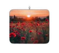 TropicalLife Highly Absorbent Dish Drying Mat, Non-Slip Kitchen Counter Drying Pad with Red Poppies Sunset Field Design, 16x18 Inch