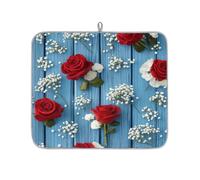 TropicalLife Highly Absorbent Dish Drying Mat, Non-Slip Kitchen Counter Drying Pad with Red Roses Baby's Breath Blue Wood Design, 16x18 Inch
