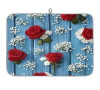 TropicalLife Highly Absorbent Dish Drying Mat, Non-Slip Kitchen Counter Drying Pad with Red Roses Baby's Breath Blue Wood Design, 18x24 Inch