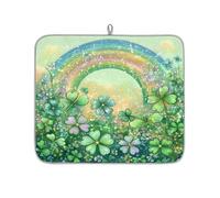 TropicalLife Highly Absorbent Dish Drying Mat, Non-Slip Kitchen Counter Drying Pad with St. Patrick Rainbow Clover Field Design, 16x18 Inch