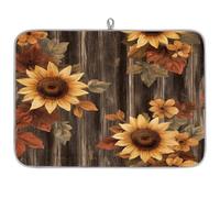 TropicalLife Highly Absorbent Dish Drying Mat, Non-Slip Kitchen Counter Drying Pad with Sunflowers Autumn Leaves Dark Wood Design, 18x24 Inch