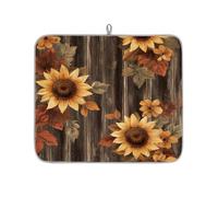 TropicalLife Highly Absorbent Dish Drying Mat, Non-Slip Kitchen Counter Drying Pad with Sunflowers Autumn Leaves Dark Wood Design, 16x18 Inch