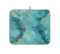 TropicalLife Highly Absorbent Dish Drying Mat, Non-Slip Kitchen Counter Drying Pad with Teal Gold Veins Marbling Design, 16x18 Inch