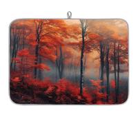 TropicalLife Highly Absorbent Dish Drying Mat, Non-Slip Kitchen Counter Drying Pad with Vibrant Red Autumn Forest Design, 18x24 Inch