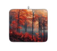 TropicalLife Highly Absorbent Dish Drying Mat, Non-Slip Kitchen Counter Drying Pad with Vibrant Red Autumn Forest Design, 16x18 Inch
