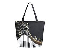 TropicalLife Large Canvas Handbag Piano Keyboard Gold Music Note Tote Bags Reusable Shopping Grocery Bag Shoulder Bag Purse for Women Work School