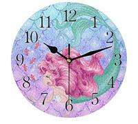 TropicalLife Mermaid Fish Scales Round Wall Clock Silent Non-ticking Decor Clocks, Mermaid Wall Clock for Home Living Room Bedroom Desk Office