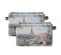 TropicalLife Paris Eiffel Tower Flower Storage Bin Organiser Canvas Collapsible Cube Shelves Storage Baskets with Handles for Kid's Bedroom Home Office Nursery, 2 pcs