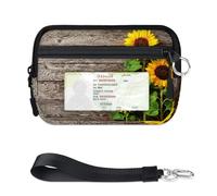 TropicalLife Sunflower Wooden Wallet for Women Men Kids Girls Boys Flowers Purses Mini Zip Card Case with ID Window Lightweight Portable Small Coin Card Organizer Bag
