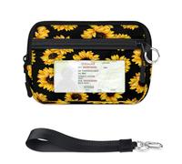 TropicalLife Sunflowers Black Wallet for Women Men Kids Girls Boys Sunflowers Patterns Purses Mini Zip Card Case with ID Window Lightweight Portable Small Coin Card Organizer Bag