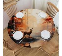 TropicalLife Waterproof Round Tablecloth Cover - Elastic Fitted for 40-44 Inch Tables Outdoor Stain-Resistant Autumn Fall Deer Table Cover Wipe-Clean & Washable