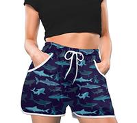 TropicalLife Women Shorts Ocean Navy Blue Shark Beach Shorts Swim Trunks High Waisted Shorts for Swimming Sporty Yoga Home Wear, M