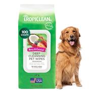 TropiClean Dog Wipes Grooming - Deep Cleaning & Deoderising Wipes for Dogs & Cats - Removes Dirt, Dander & Odour - For Pet Paws, Face, Body & Butt, Sweet Berry & Coconut, 100ct