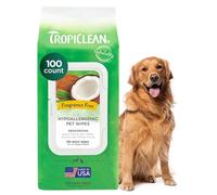 TropiClean Dog Wipes Grooming - Hypoallergenic Cleaning & Deoderising Wipes for Dogs, Cats, Puppies & Kittens with Allergies & Sensitive Skin - Removes Dirt, Dander & Odor, Fragrance Free, 100ct