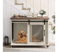 TROPOW Dog Crate Furniture,37 Inch Indoor Dog Cage with Sliding Barn Door, Flip Top Dog Kennel End Table with Removable Divider, Farmhouse Wooden Pet House for Small to Middle Size Dogs