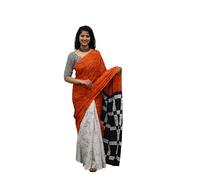 Tropwear Handicrafts Women's Ikat Hand Block Print Jaipuri Cotton Mulmul Saree with Blouse Piece