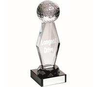 TroShow Quality Shaped Glass Longest Drive Golf Trophy Award with Solid Glass 3D Golf Ball on Top, Supplied in Presentation Case 184mm - 7.25 inches Free Engraving TD722LD - TD