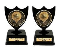 TroShow Twin Pack Longest Drive & Nearest The Pin Black metal Shield Golf Trophy Award 120mm Free Engraving -