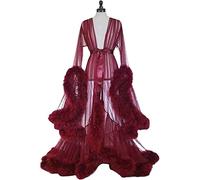 TROTTS Old Hollywood Feather Bridal Robes For Women See-Through Sexy Bathrobe Fluffy Tulle Nightgown Wedding Scarf Lingerie (Color : Red, Size : One size)