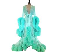 TROTTS Old Hollywood Feather Bridal Robes For Women See-Through Sexy Bathrobe Fluffy Tulle Nightgown Wedding Scarf Lingerie (Color : Green, Size : One size)