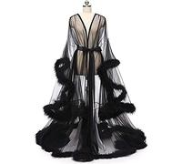 TROTTS Old Hollywood Feather Bridal Robes For Women See-Through Sexy Bathrobe Fluffy Tulle Nightgown Wedding Scarf Lingerie (Color : Black, Size : One size)