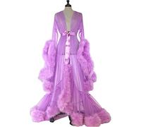 TROTTS Old Hollywood Feather Bridal Robes For Women See-Through Sexy Bathrobe Fluffy Tulle Nightgown Wedding Scarf Lingerie (Color : Purple, Size : One size)