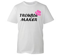 Trouble Maker T-Shirt - Funny Graphic Tee Sarcastic Top Pink Hat Friends and Family Tops (White, M)