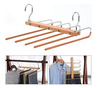 Trouser Hangers Space Saving, 5 in 1 Collapsible Trouser Hanger, Foldable Wood & Stainless Steel Hanger for Clothes Slack Scarf Jeans Storage