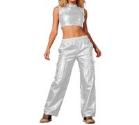 Trouser Lounge Sets for Women 2 Piece Suit Women's Metallic Top Glitter Trousers Club Set Tracksuit Jogging Suit 80s 90s Fancy Dress Disco Hip Hop Costume for Petite Women Silver