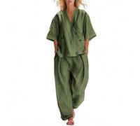trouser suit Co Ord Sets for Women Cotton Linen 2 Piece Plus Size V Neck Tops & Wide Leg Trousers Summer Fashion Loose Comfy Vacation Travel Airport Outfits Green 3XL
