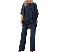 Trouser Suit for Women 2 Piece Festive Trouser Suits Chiffon Simple Wedding Guest Trouser Set 3/4 Batwing Sleeve Tulle Shirt and High Waist Wide Leg Trouser Suit Evening Suit Sets(Dark Blue,XXL)