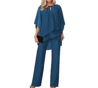 Trouser Suit for Women 2 Piece Festive Trouser Suits Chiffon Simple Wedding Guest Trouser Set 3/4 Batwing Sleeve Tulle Shirt and High Waist Wide Leg Trouser Suit Evening Suit Sets(Blue,XL)