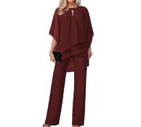 Trouser Suit for Women 2 Piece Festive Trouser Suits Chiffon Simple Wedding Guest Trouser Set 3/4 Batwing Sleeve Tulle Shirt and High Waist Wide Leg Trouser Suit Evening Suit Sets(Red,M)