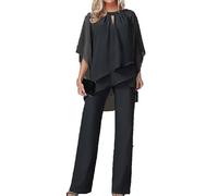 Trouser Suit for Women 2 Piece Festive Trouser Suits Chiffon Simple Wedding Guest Trouser Set 3/4 Batwing Sleeve Tulle Shirt and High Waist Wide Leg Trouser Suit Evening Suit Sets(Black,XL)