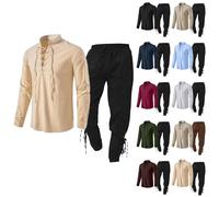 Trouser Suit Men's Elegant 2-Piece Party Outfit Men's 2-Piece Halloween Costume Set Renaissance Costume Set Medieval Pirate Shirt Viking Belt Gothic Stand-Up Collar Top With Pirate Trousers, blue, S